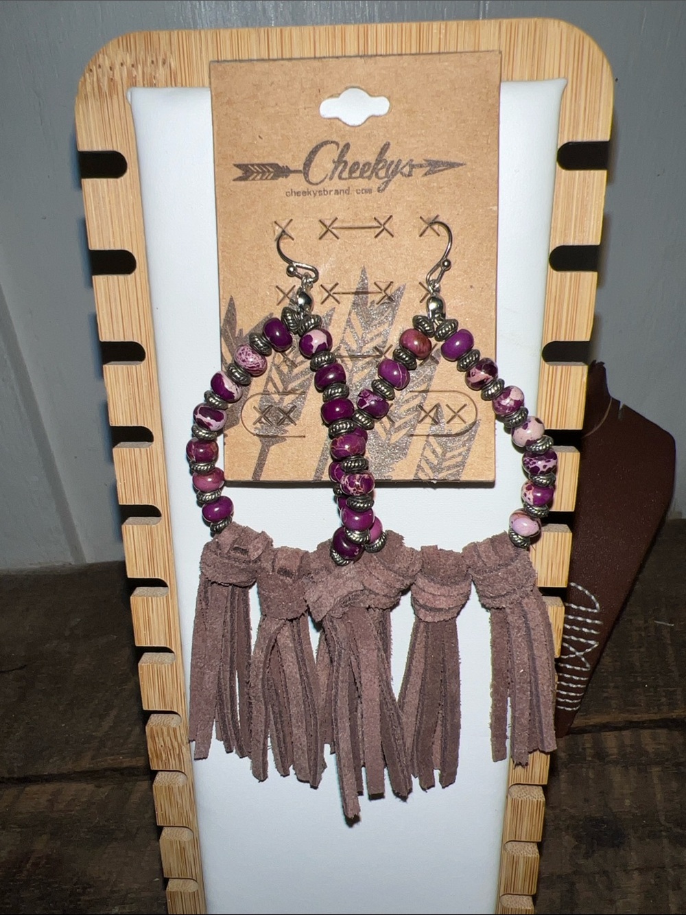 Purple Bead and Taupe Suede Tassel Hoop Earrings